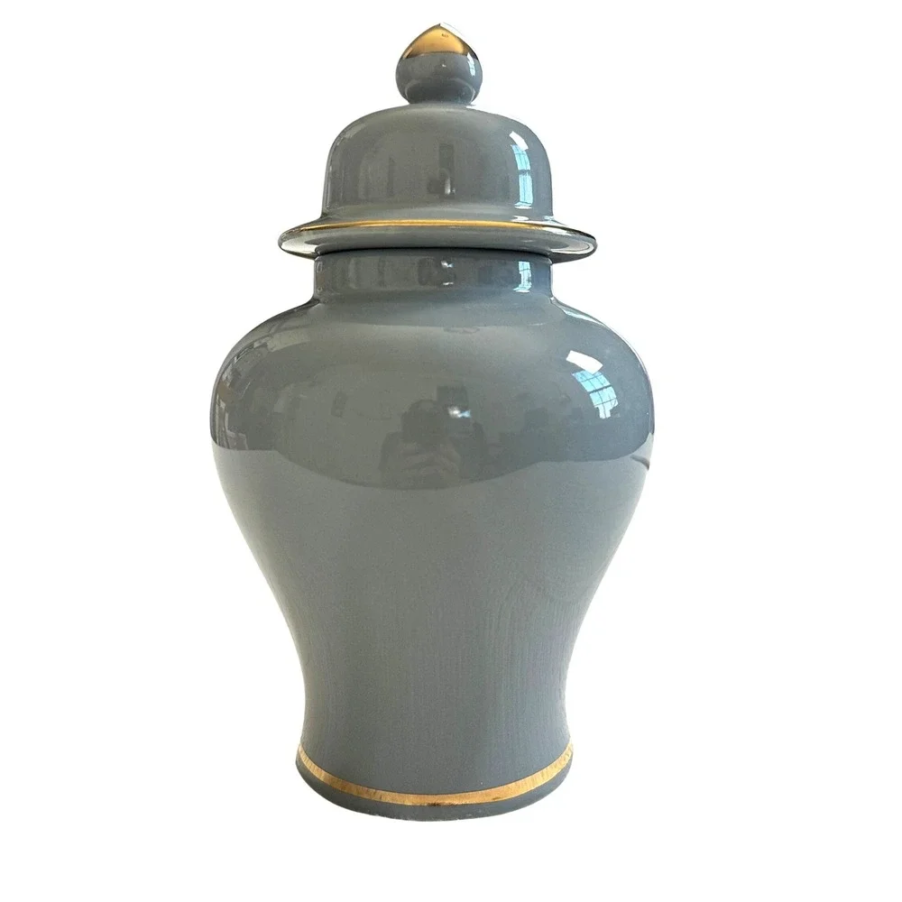 VTG Fine China Japan Ginger Jar Urn 8.5in Gray Floral‎ Gold Japandi